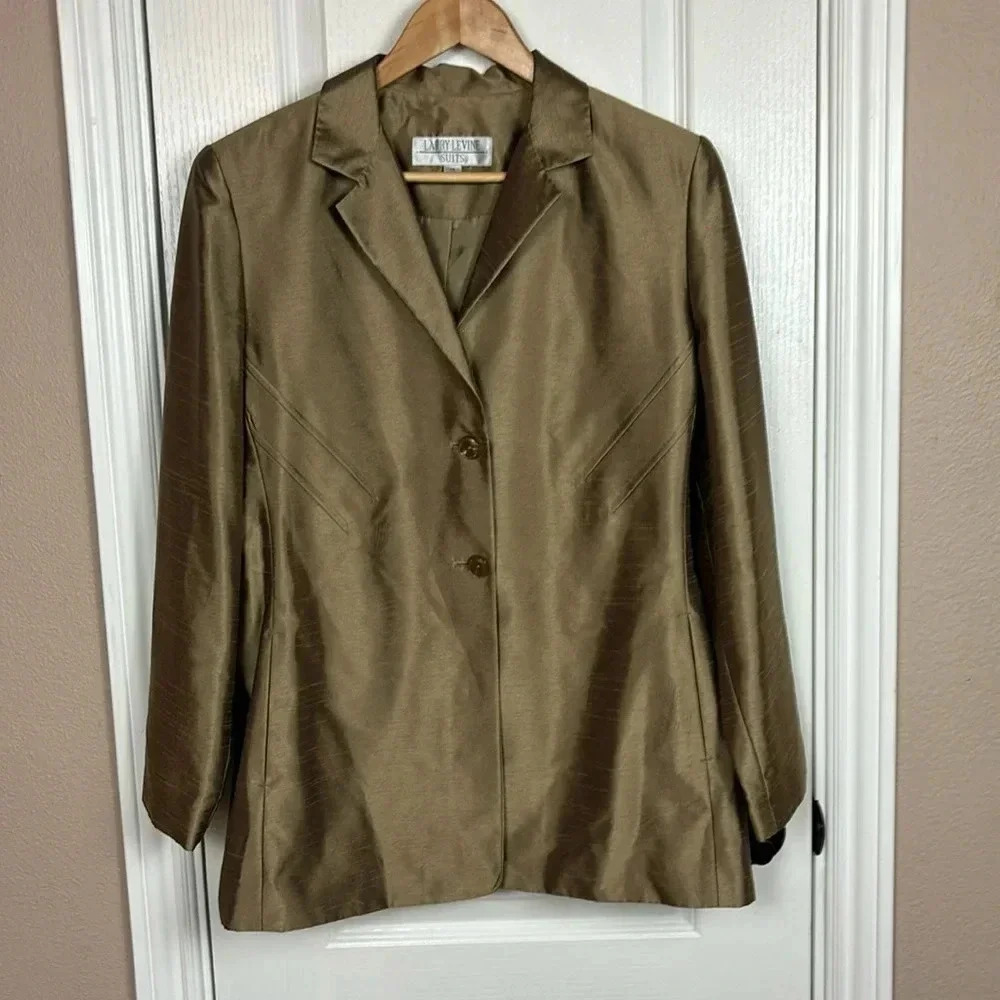 Larry Levine Women's Gold Shiny Two Side Pockets Suit Jacket Blazer Size‎ 14